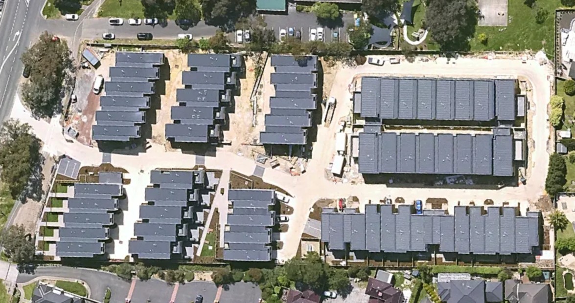 Birds eye view of roofs townhouse in Anderson Creek